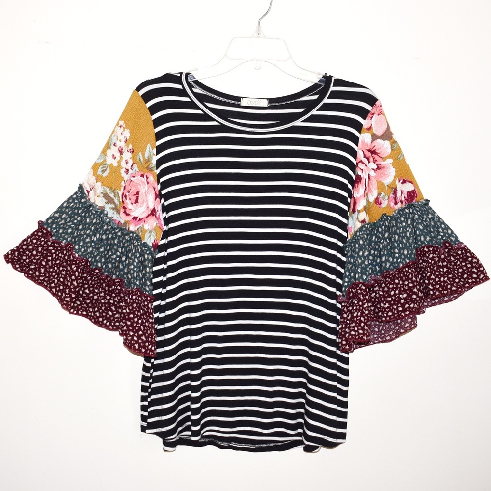 Boutique ODDY Striped Multi Print Tiered Sleeve Top